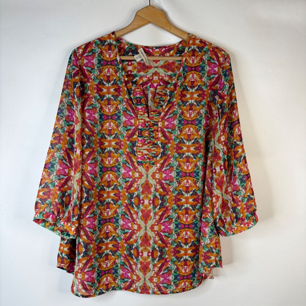 Coldwater Creek Tunic Top Women 2X Multicolor Sheer Kaleidoscope Pleated V-Neck
